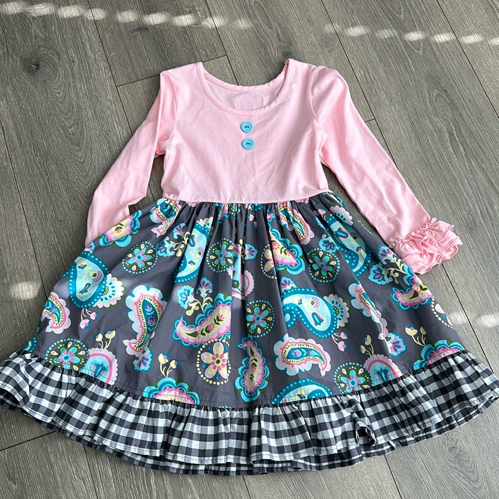 NWOT Eleanor Rose Girl Ruffle Dress Pink Gray Size 5-6
